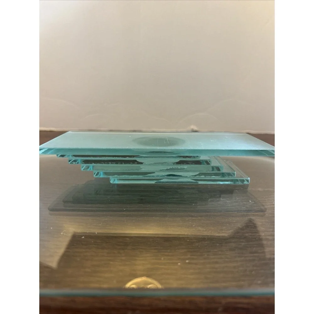 Sleek Modern Blue Green Tinted Stacked Glass Tray Snacks Vanity Display 13.5 X 9
